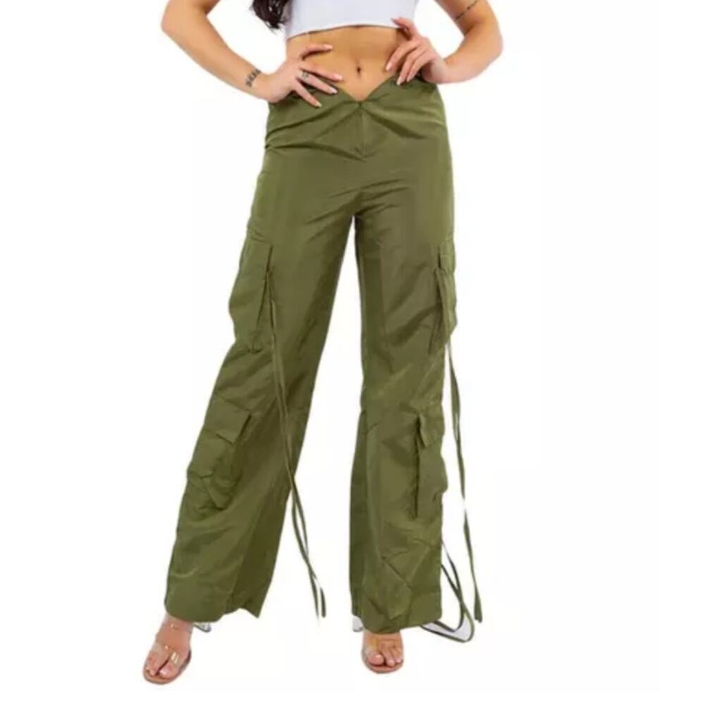 Y2K Parachute Cargo Pants Green Wide Leg Streetwear Size S